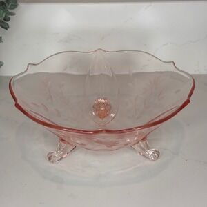 Lancaster Glass Jubilee Pattern Three-Footed Bowl Etched Floral Design